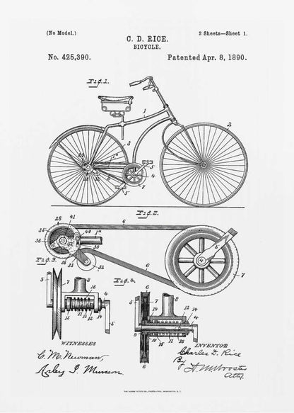 A framed black and white patent illustration for a bicycle invented by C. D. Rice, patented April 8, 1890. The technical drawing shows a side view of the bicycle and detailed diagrams of its mechanical components. Print
