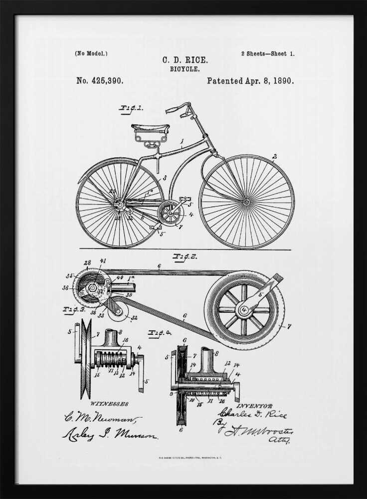 A framed black and white patent illustration for a bicycle invented by C. D. Rice, patented April 8, 1890. The technical drawing shows a side view of the bicycle and detailed diagrams of its mechanical components. Print