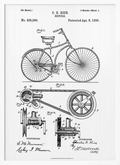 A framed black and white patent illustration for a bicycle invented by C. D. Rice, patented April 8, 1890. The technical drawing shows a side view of the bicycle and detailed diagrams of its mechanical components. Print