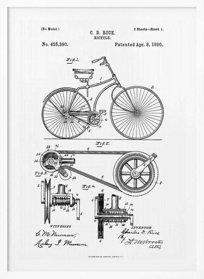 A framed black and white patent illustration for a bicycle invented by C. D. Rice, patented April 8, 1890. The technical drawing shows a side view of the bicycle and detailed diagrams of its mechanical components. Print