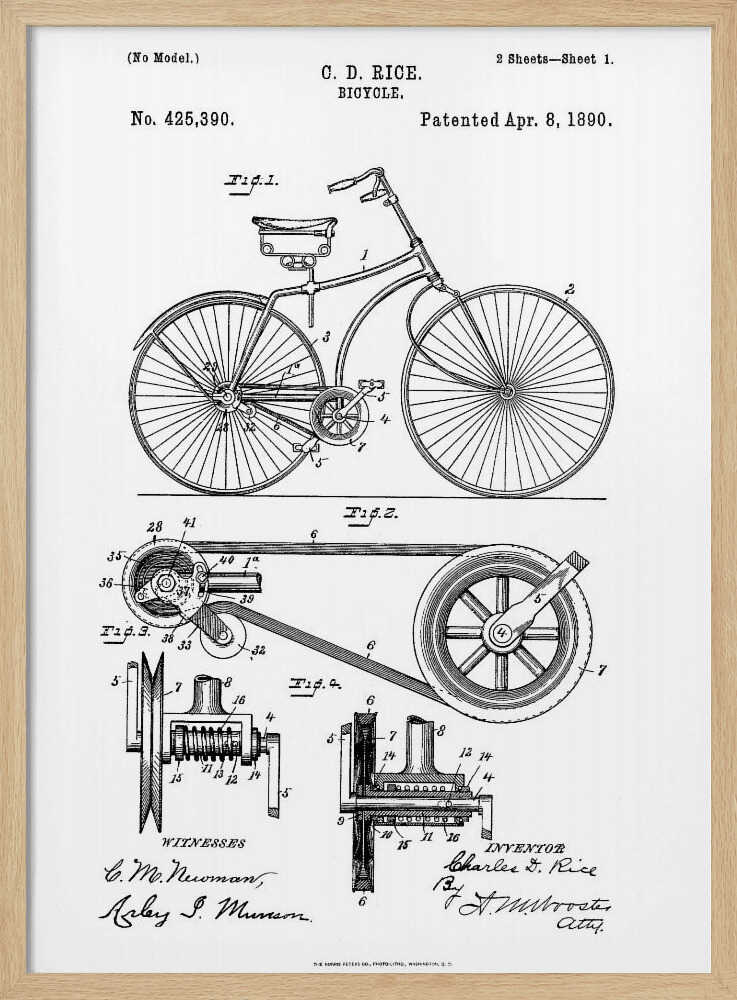 A framed black and white patent illustration for a bicycle invented by C. D. Rice, patented April 8, 1890. The technical drawing shows a side view of the bicycle and detailed diagrams of its mechanical components. Print