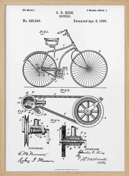 A framed black and white patent illustration for a bicycle invented by C. D. Rice, patented April 8, 1890. The technical drawing shows a side view of the bicycle and detailed diagrams of its mechanical components. Print