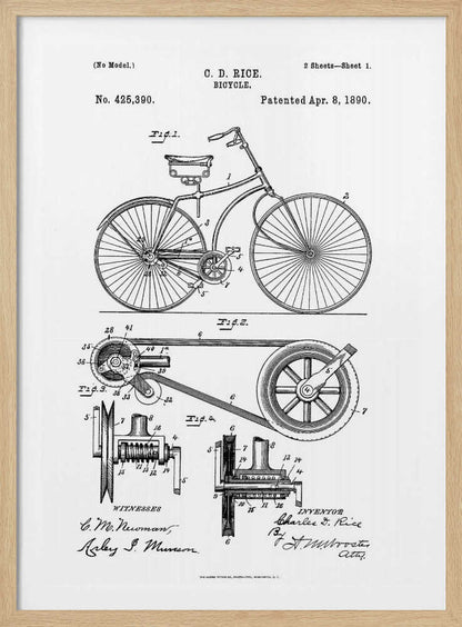 A framed black and white patent illustration for a bicycle invented by C. D. Rice, patented April 8, 1890. The technical drawing shows a side view of the bicycle and detailed diagrams of its mechanical components. Print