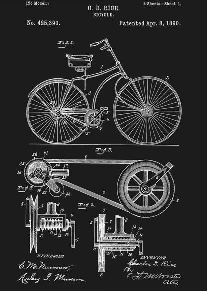 A framed black and white patent illustration for a bicycle invented by C. D. Rice, dated April 8, 1890. The artwork displays detailed technical drawings of the bicycle's design and mechanical components against a solid black background. Wall Art