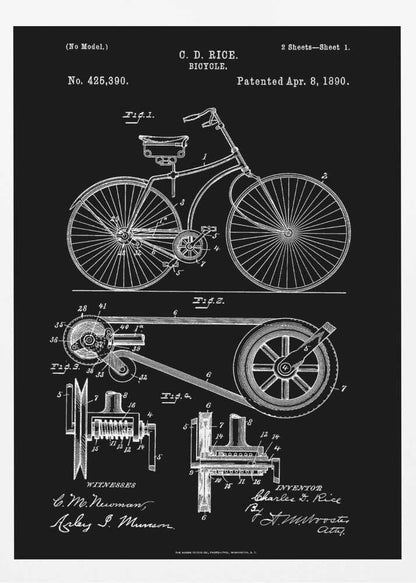 A framed black and white patent illustration for a bicycle invented by C. D. Rice, dated April 8, 1890. The artwork displays detailed technical drawings of the bicycle's design and mechanical components against a solid black background. Wall Art