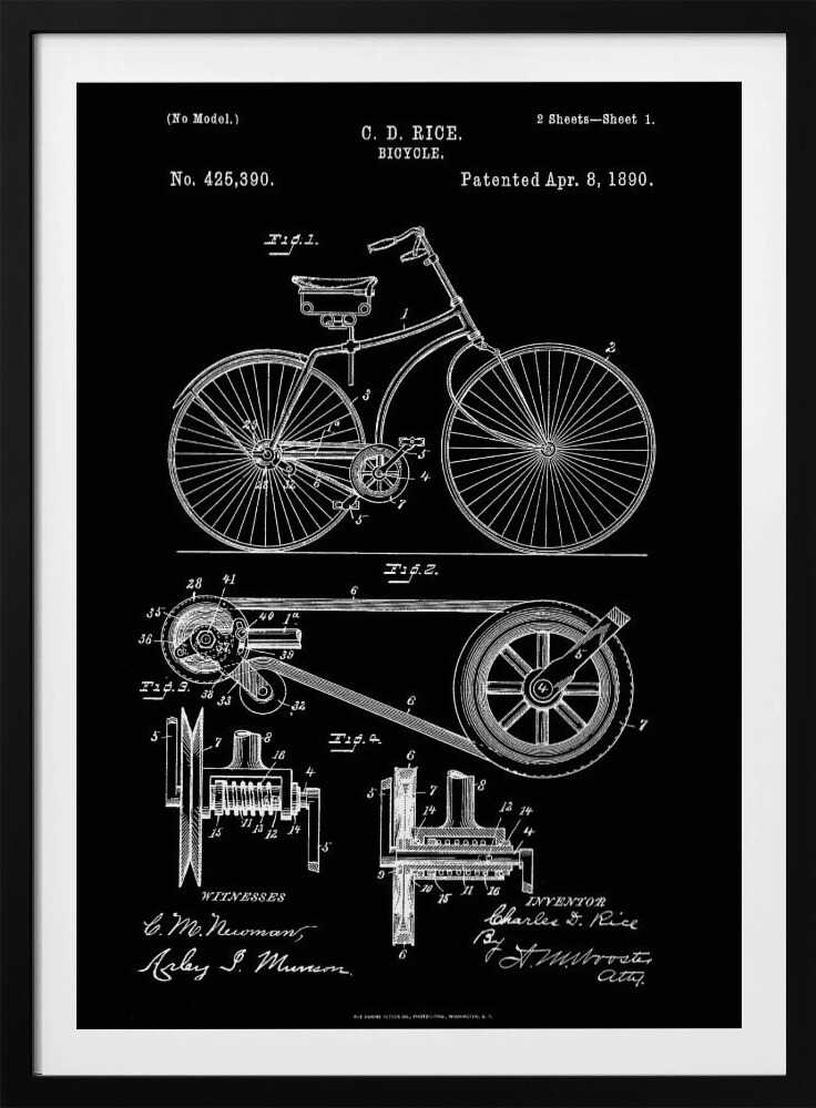 A framed black and white patent illustration for a bicycle invented by C. D. Rice, dated April 8, 1890. The artwork displays detailed technical drawings of the bicycle's design and mechanical components against a solid black background. Wall Art