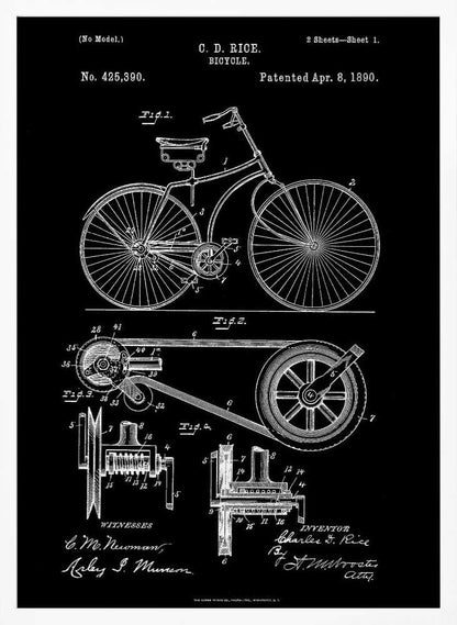 A framed black and white patent illustration for a bicycle invented by C. D. Rice, dated April 8, 1890. The artwork displays detailed technical drawings of the bicycle's design and mechanical components against a solid black background. Wall Art