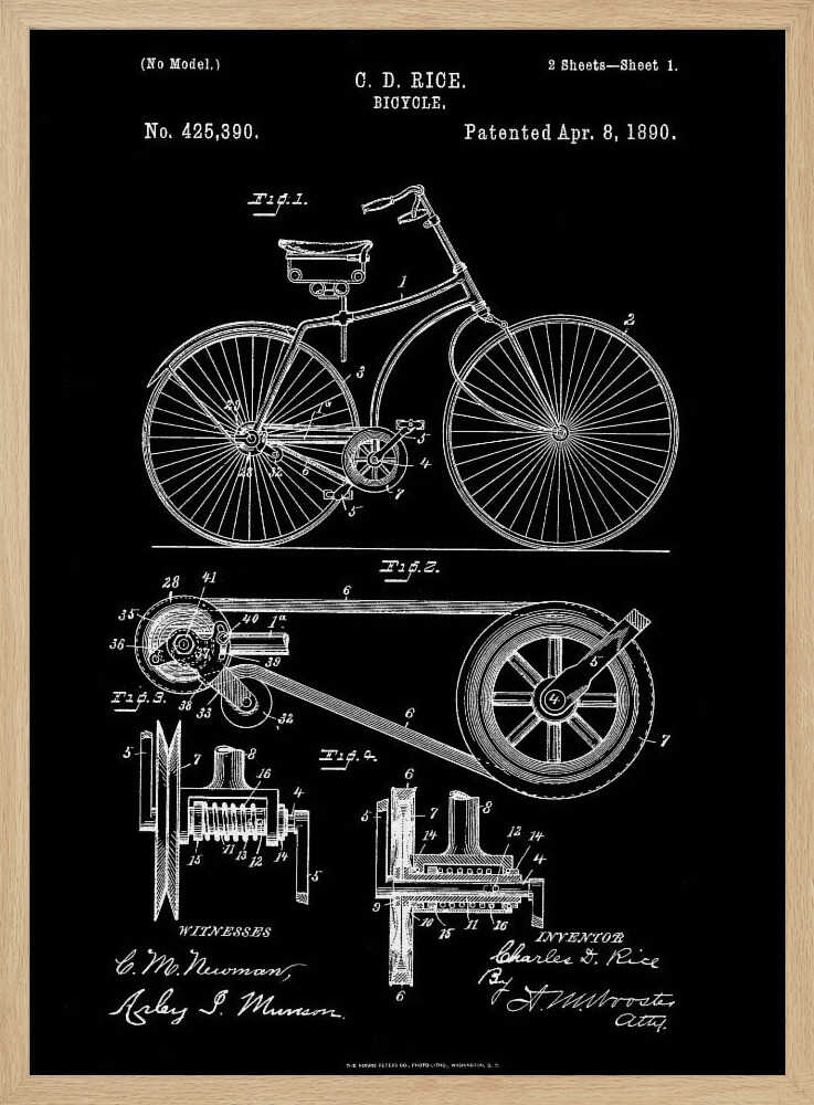 A framed black and white patent illustration for a bicycle invented by C. D. Rice, dated April 8, 1890. The artwork displays detailed technical drawings of the bicycle's design and mechanical components against a solid black background. Wall Art