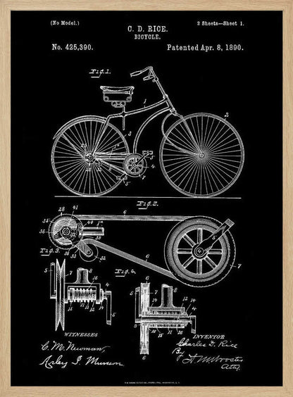 A framed black and white patent illustration for a bicycle invented by C. D. Rice, dated April 8, 1890. The artwork displays detailed technical drawings of the bicycle's design and mechanical components against a solid black background. Wall Art