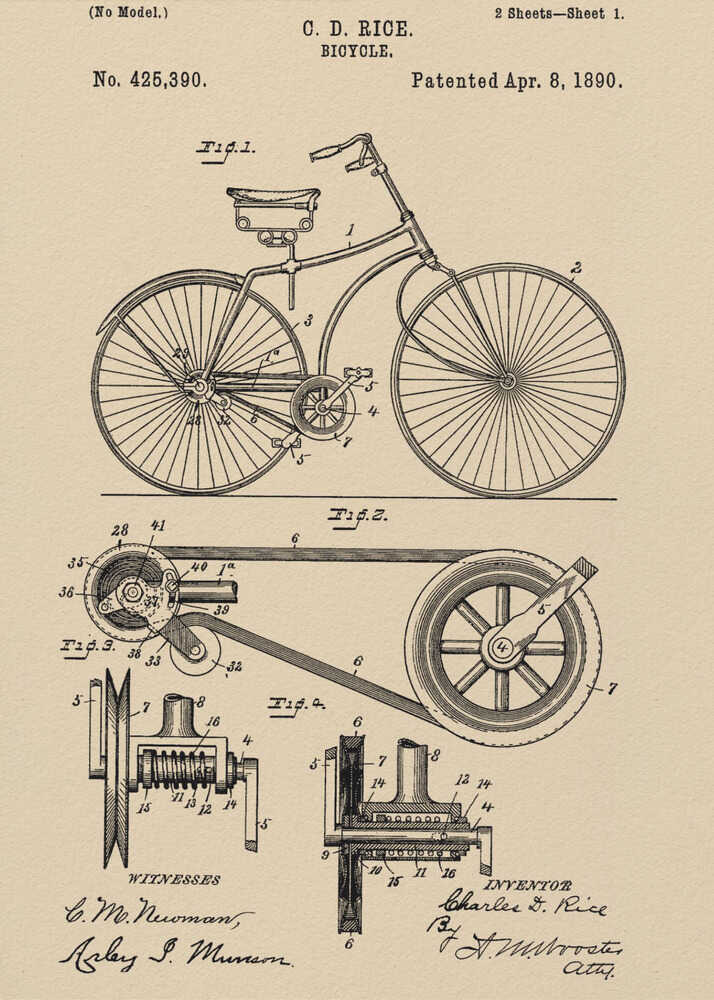 A framed vintage patent illustration for a bicycle by C. D. Rice, dated April 8, 1890. The technical drawing is in black ink on a beige, parchment-style background, showing detailed schematics of the bicycle and its components. Wall Art