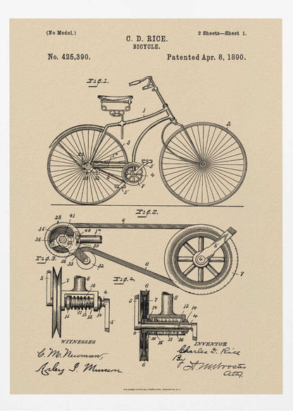 A framed vintage patent illustration for a bicycle by C. D. Rice, dated April 8, 1890. The technical drawing is in black ink on a beige, parchment-style background, showing detailed schematics of the bicycle and its components. Wall Art