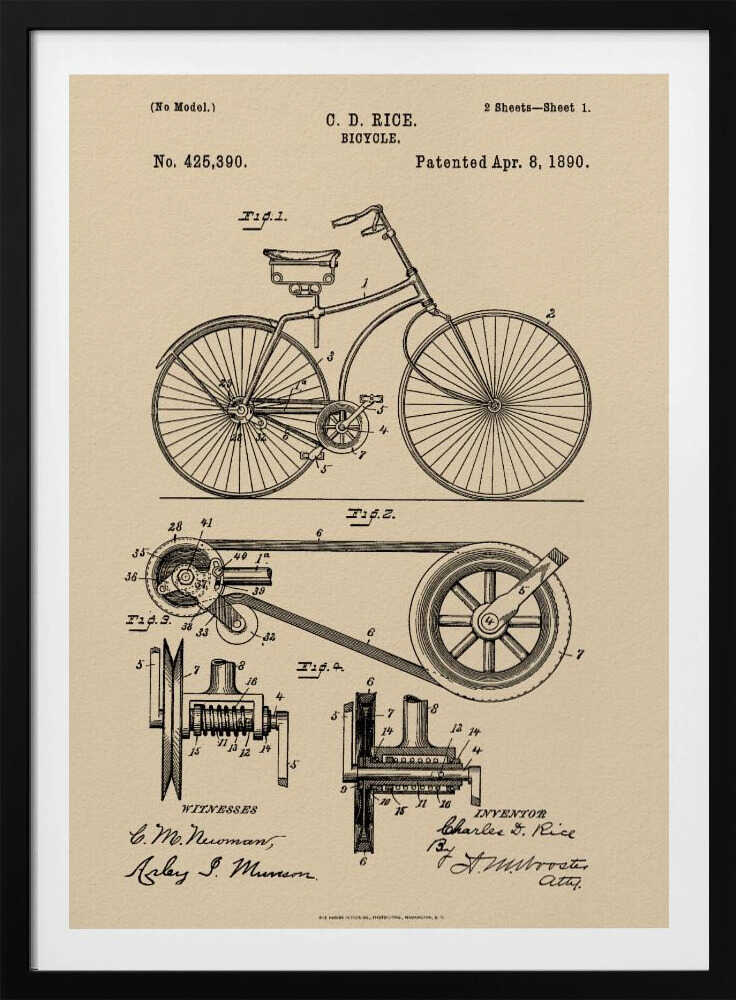 A framed vintage patent illustration for a bicycle by C. D. Rice, dated April 8, 1890. The technical drawing is in black ink on a beige, parchment-style background, showing detailed schematics of the bicycle and its components. Wall Art