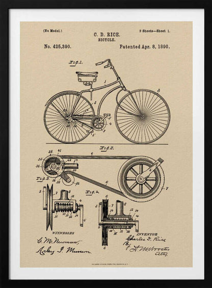 A framed vintage patent illustration for a bicycle by C. D. Rice, dated April 8, 1890. The technical drawing is in black ink on a beige, parchment-style background, showing detailed schematics of the bicycle and its components. Wall Art