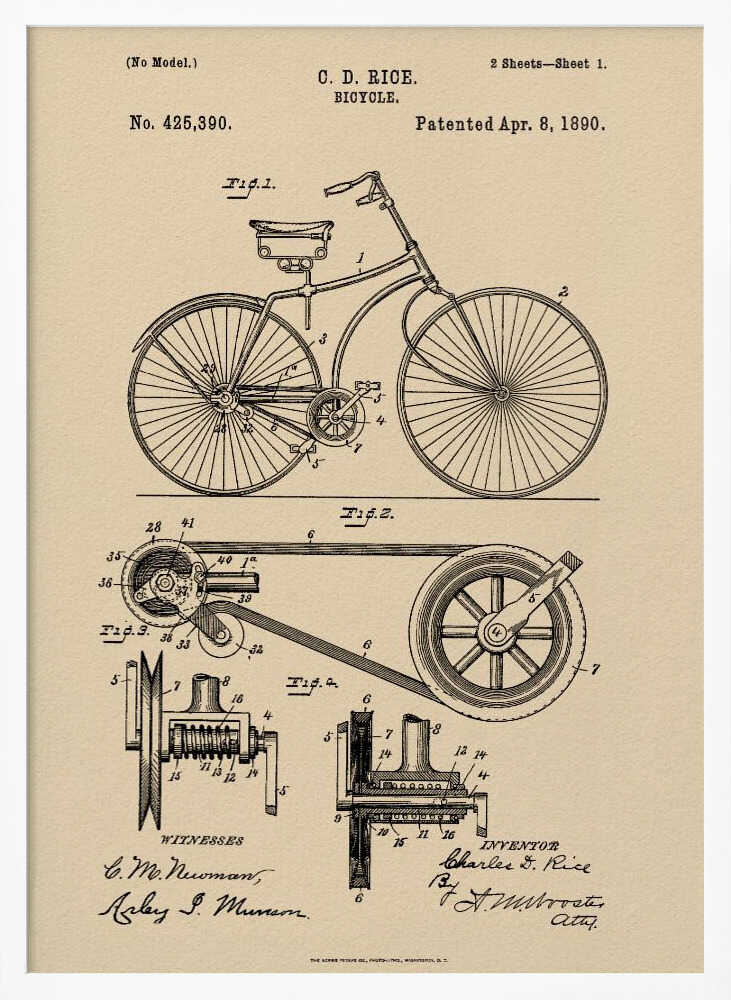 A framed vintage patent illustration for a bicycle by C. D. Rice, dated April 8, 1890. The technical drawing is in black ink on a beige, parchment-style background, showing detailed schematics of the bicycle and its components. Wall Art