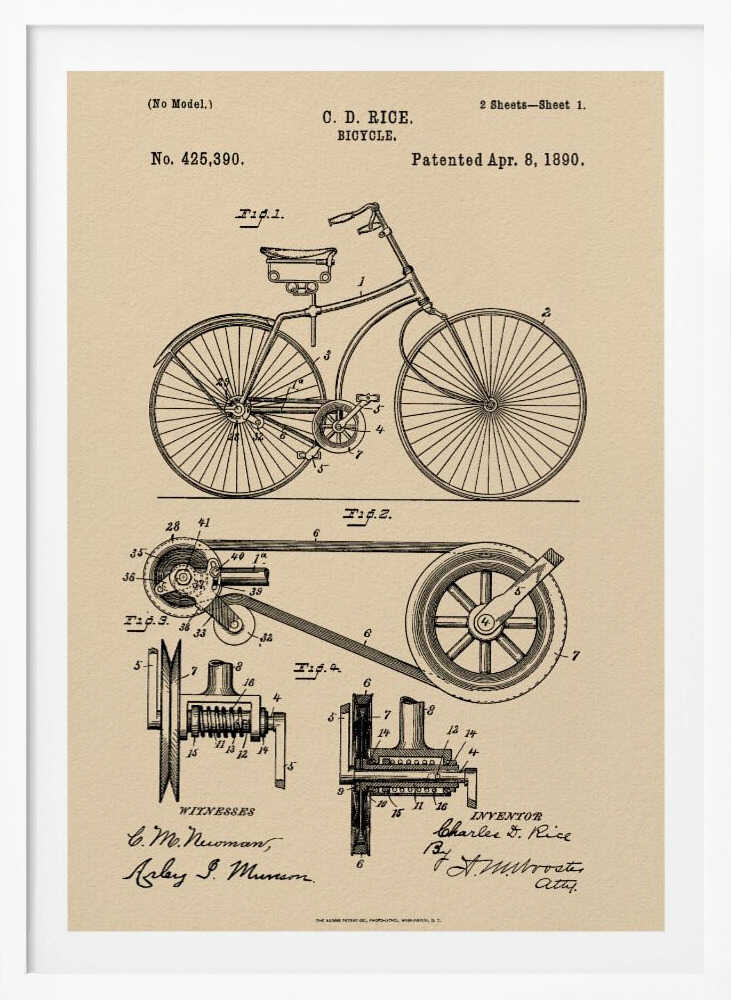 A framed vintage patent illustration for a bicycle by C. D. Rice, dated April 8, 1890. The technical drawing is in black ink on a beige, parchment-style background, showing detailed schematics of the bicycle and its components. Wall Art