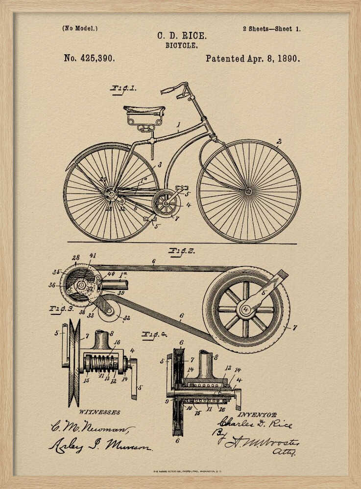 A framed vintage patent illustration for a bicycle by C. D. Rice, dated April 8, 1890. The technical drawing is in black ink on a beige, parchment-style background, showing detailed schematics of the bicycle and its components. Wall Art