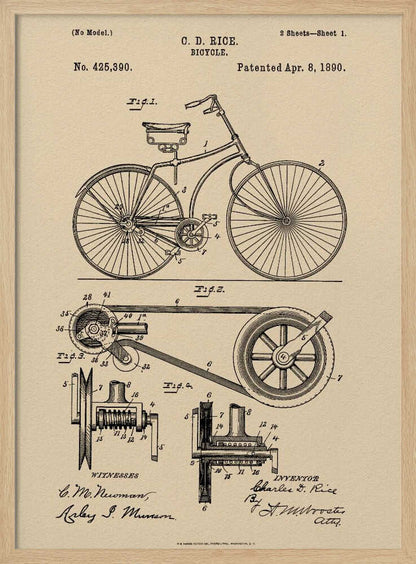 A framed vintage patent illustration for a bicycle by C. D. Rice, dated April 8, 1890. The technical drawing is in black ink on a beige, parchment-style background, showing detailed schematics of the bicycle and its components. Wall Art