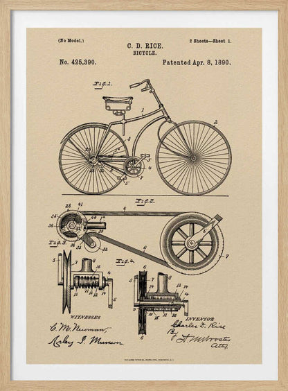 A framed vintage patent illustration for a bicycle by C. D. Rice, dated April 8, 1890. The technical drawing is in black ink on a beige, parchment-style background, showing detailed schematics of the bicycle and its components. Wall Art
