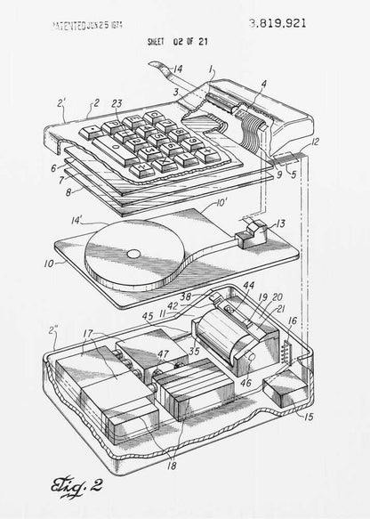 A framed black and white patent illustration from 1974 showing an exploded view of an early electronic calculator. The detailed technical drawing, labeled 'Fig. 2', displays the keyboard, internal components, and circuitry, with various parts numbered for reference. Decor