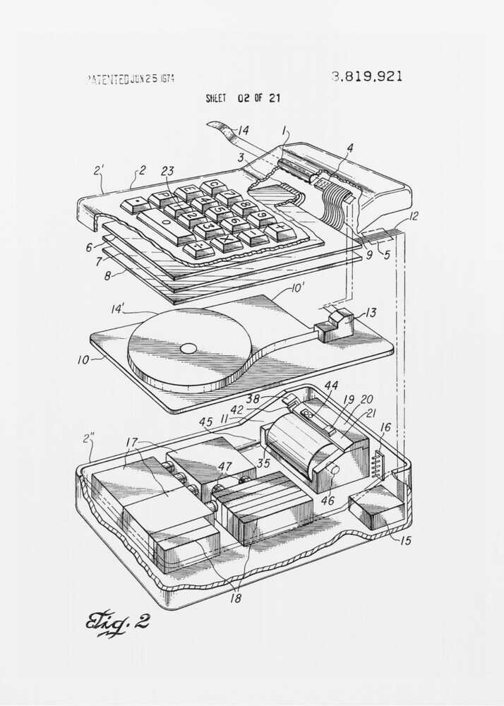 A framed black and white patent illustration from 1974 showing an exploded view of an early electronic calculator. The detailed technical drawing, labeled 'Fig. 2', displays the keyboard, internal components, and circuitry, with various parts numbered for reference. Decor