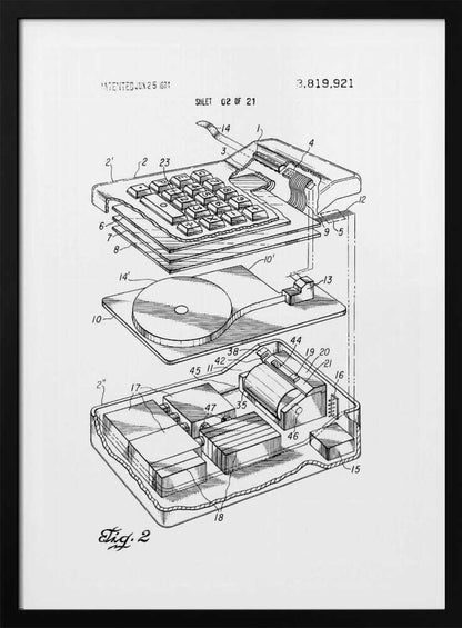 A framed black and white patent illustration from 1974 showing an exploded view of an early electronic calculator. The detailed technical drawing, labeled 'Fig. 2', displays the keyboard, internal components, and circuitry, with various parts numbered for reference. Decor