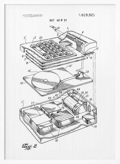 A framed black and white patent illustration from 1974 showing an exploded view of an early electronic calculator. The detailed technical drawing, labeled 'Fig. 2', displays the keyboard, internal components, and circuitry, with various parts numbered for reference. Decor