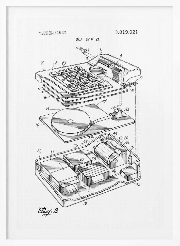 A framed black and white patent illustration from 1974 showing an exploded view of an early electronic calculator. The detailed technical drawing, labeled 'Fig. 2', displays the keyboard, internal components, and circuitry, with various parts numbered for reference. Decor