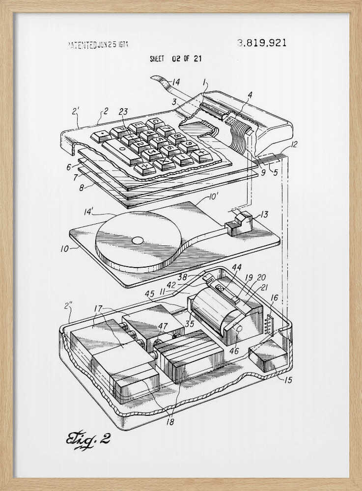 A framed black and white patent illustration from 1974 showing an exploded view of an early electronic calculator. The detailed technical drawing, labeled 'Fig. 2', displays the keyboard, internal components, and circuitry, with various parts numbered for reference. Decor