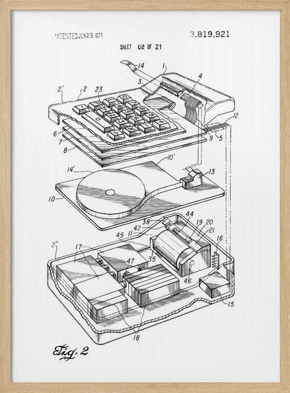 A framed black and white patent illustration from 1974 showing an exploded view of an early electronic calculator. The detailed technical drawing, labeled 'Fig. 2', displays the keyboard, internal components, and circuitry, with various parts numbered for reference. Decor