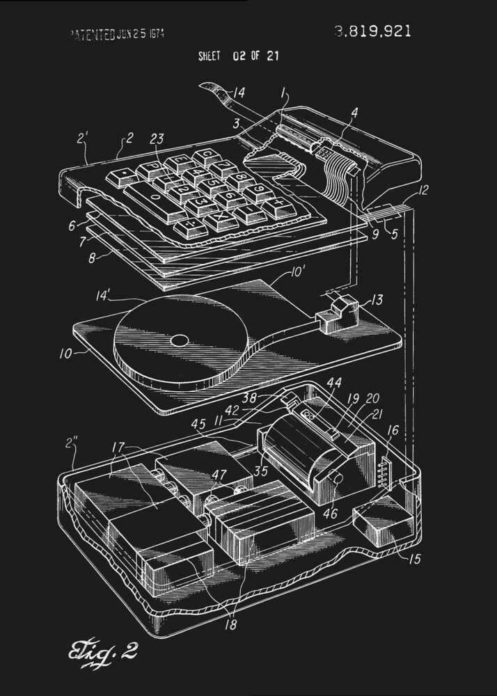 A black and white patent illustration of an electronic calculator from 1974. The image shows an exploded view of the device, detailing the keyboard and internal components with white line drawings on a black background. Wall Art