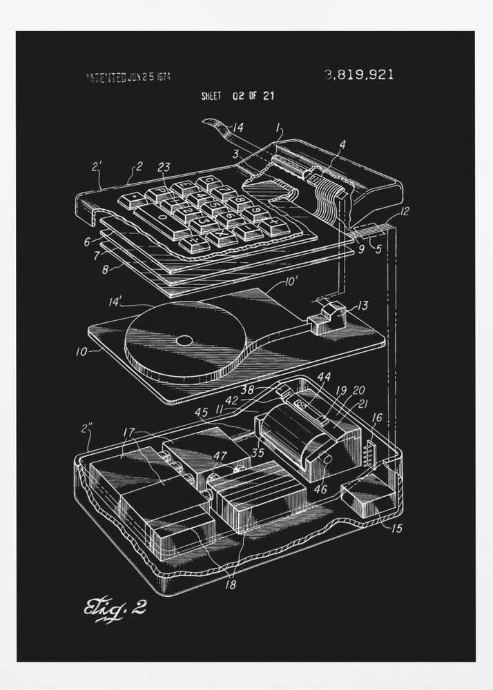 A black and white patent illustration of an electronic calculator from 1974. The image shows an exploded view of the device, detailing the keyboard and internal components with white line drawings on a black background. Wall Art