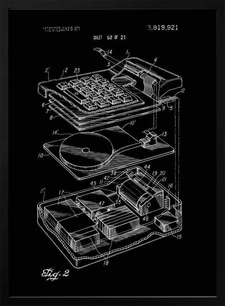 A black and white patent illustration of an electronic calculator from 1974. The image shows an exploded view of the device, detailing the keyboard and internal components with white line drawings on a black background. Wall Art