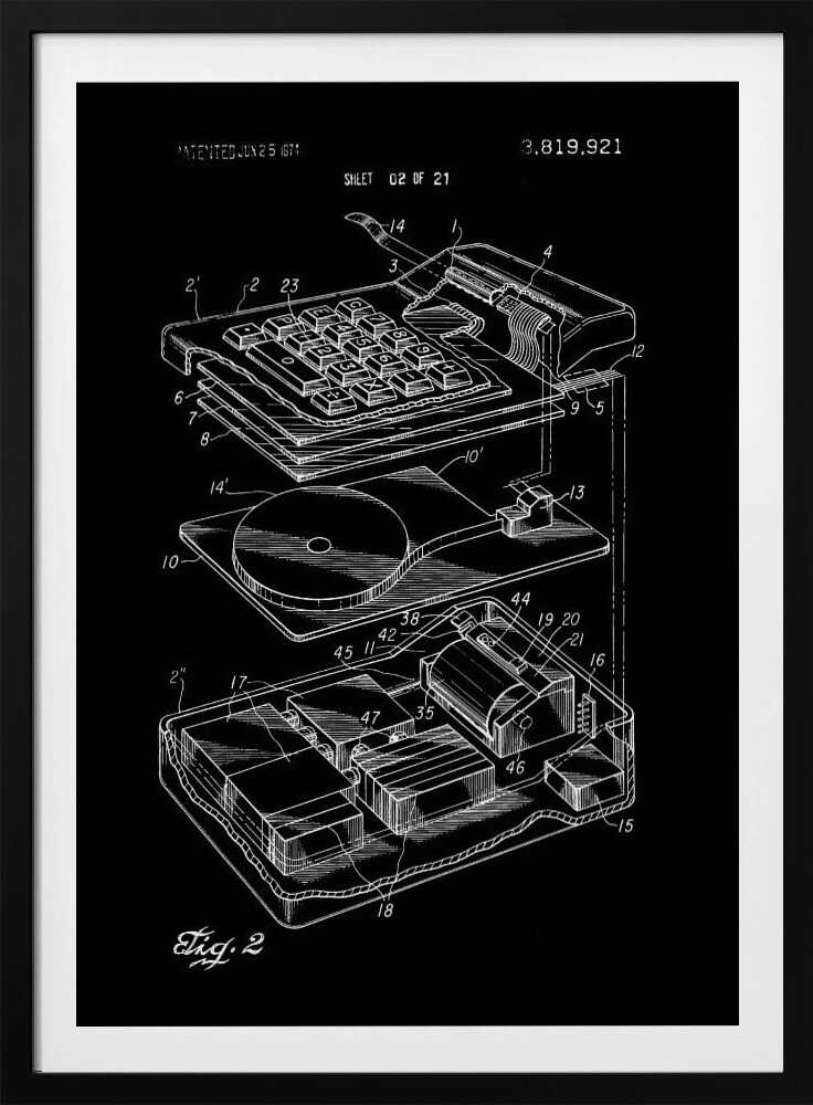 A black and white patent illustration of an electronic calculator from 1974. The image shows an exploded view of the device, detailing the keyboard and internal components with white line drawings on a black background. Wall Art