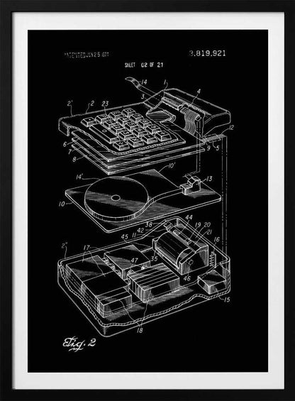 A black and white patent illustration of an electronic calculator from 1974. The image shows an exploded view of the device, detailing the keyboard and internal components with white line drawings on a black background. Wall Art