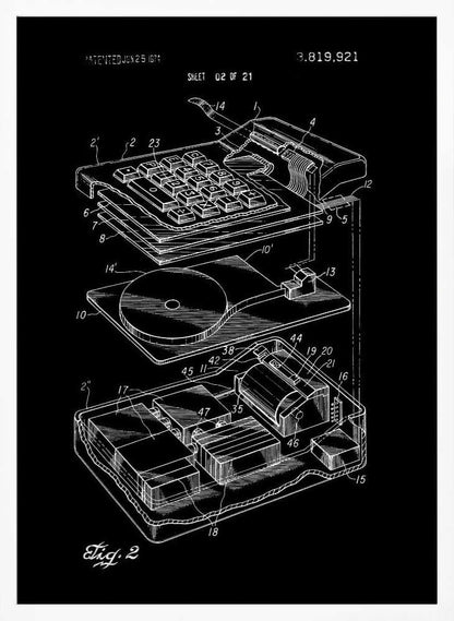 A black and white patent illustration of an electronic calculator from 1974. The image shows an exploded view of the device, detailing the keyboard and internal components with white line drawings on a black background. Wall Art