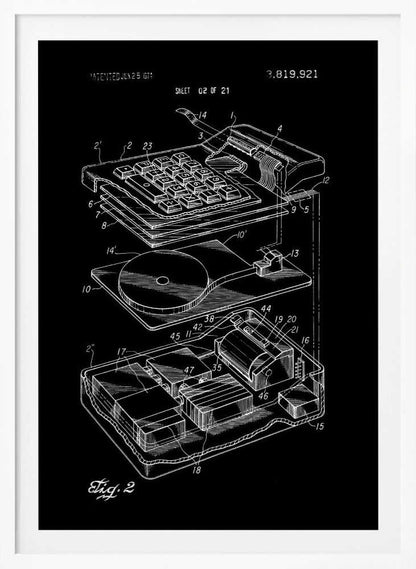A black and white patent illustration of an electronic calculator from 1974. The image shows an exploded view of the device, detailing the keyboard and internal components with white line drawings on a black background. Wall Art