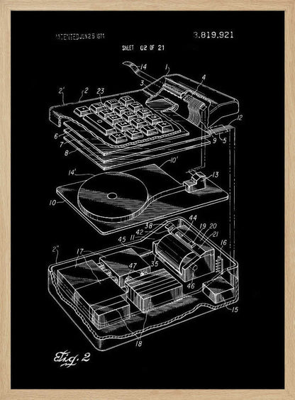 A black and white patent illustration of an electronic calculator from 1974. The image shows an exploded view of the device, detailing the keyboard and internal components with white line drawings on a black background. Wall Art