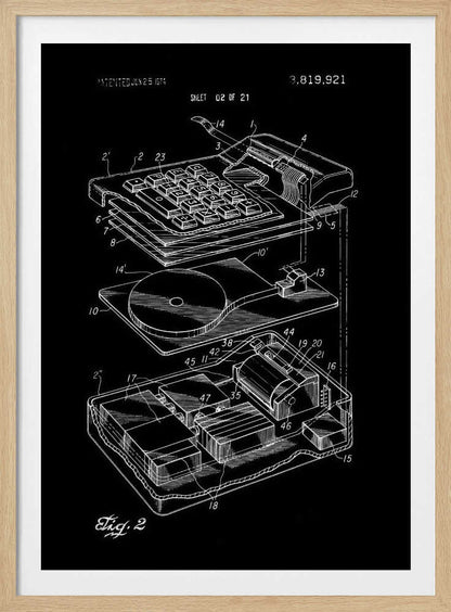 A black and white patent illustration of an electronic calculator from 1974. The image shows an exploded view of the device, detailing the keyboard and internal components with white line drawings on a black background. Wall Art