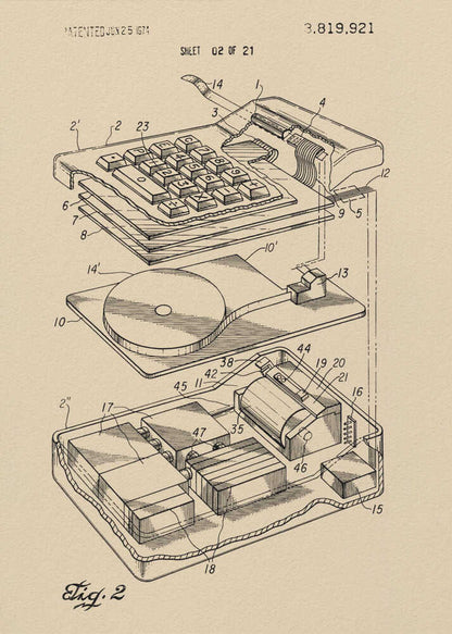 A framed print of a vintage patent illustration from 1974, showing an exploded view of an electronic calculator. The technical drawing is in black ink on tan paper and details the keyboard, internal circuitry, and printing mechanism, all labeled with reference numbers. Poster
