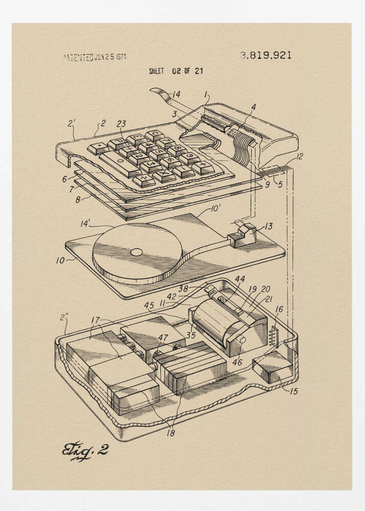 A framed print of a vintage patent illustration from 1974, showing an exploded view of an electronic calculator. The technical drawing is in black ink on tan paper and details the keyboard, internal circuitry, and printing mechanism, all labeled with reference numbers. Poster