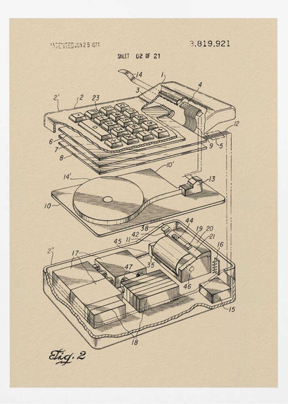 A framed print of a vintage patent illustration from 1974, showing an exploded view of an electronic calculator. The technical drawing is in black ink on tan paper and details the keyboard, internal circuitry, and printing mechanism, all labeled with reference numbers. Poster