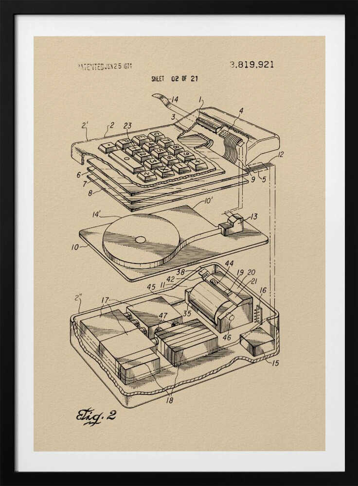 A framed print of a vintage patent illustration from 1974, showing an exploded view of an electronic calculator. The technical drawing is in black ink on tan paper and details the keyboard, internal circuitry, and printing mechanism, all labeled with reference numbers. Poster