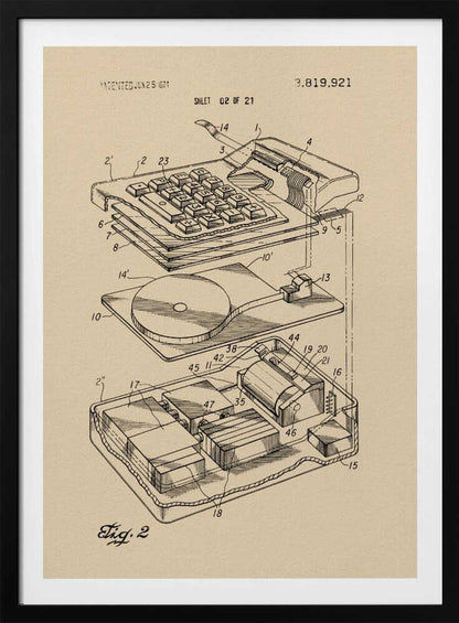 A framed print of a vintage patent illustration from 1974, showing an exploded view of an electronic calculator. The technical drawing is in black ink on tan paper and details the keyboard, internal circuitry, and printing mechanism, all labeled with reference numbers. Poster