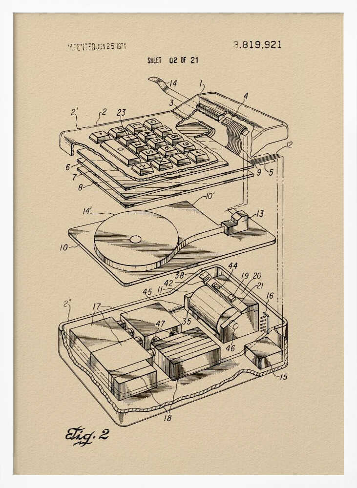 A framed print of a vintage patent illustration from 1974, showing an exploded view of an electronic calculator. The technical drawing is in black ink on tan paper and details the keyboard, internal circuitry, and printing mechanism, all labeled with reference numbers. Poster