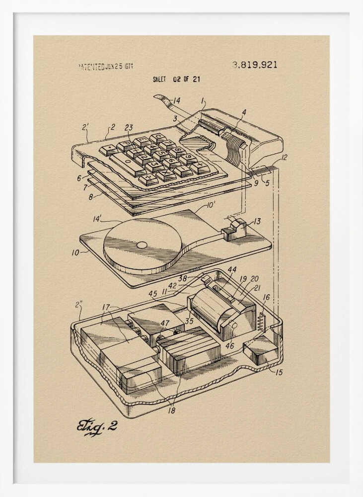 A framed print of a vintage patent illustration from 1974, showing an exploded view of an electronic calculator. The technical drawing is in black ink on tan paper and details the keyboard, internal circuitry, and printing mechanism, all labeled with reference numbers. Poster