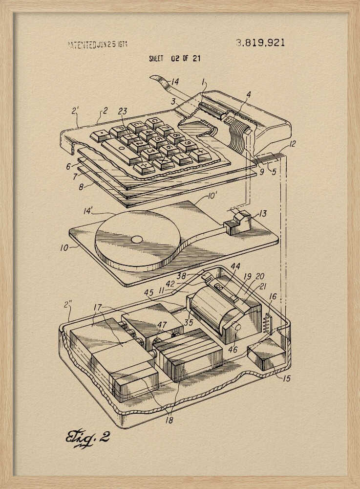 A framed print of a vintage patent illustration from 1974, showing an exploded view of an electronic calculator. The technical drawing is in black ink on tan paper and details the keyboard, internal circuitry, and printing mechanism, all labeled with reference numbers. Poster