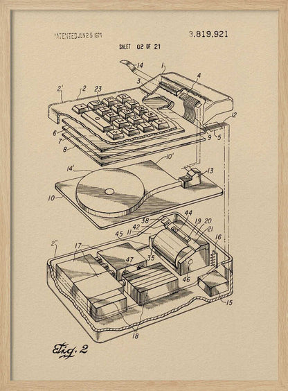 A framed print of a vintage patent illustration from 1974, showing an exploded view of an electronic calculator. The technical drawing is in black ink on tan paper and details the keyboard, internal circuitry, and printing mechanism, all labeled with reference numbers. Poster