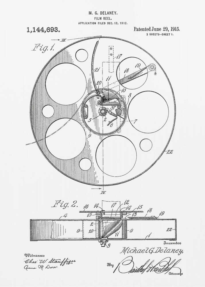 A framed black and white patent illustration for a film reel by M. G. Delaney, patented on June 29, 1915. The technical drawing shows a top view and a cross-section of the film reel, complete with part numbers, inventor's signature, and patent information. Poster