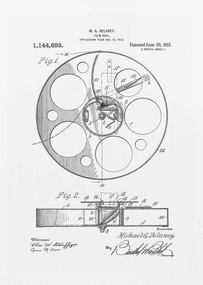 A framed black and white patent illustration for a film reel by M. G. Delaney, patented on June 29, 1915. The technical drawing shows a top view and a cross-section of the film reel, complete with part numbers, inventor's signature, and patent information. Poster