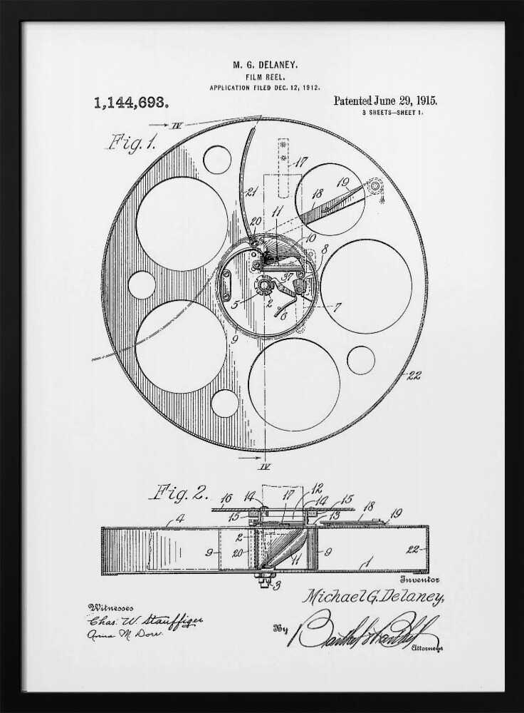 A framed black and white patent illustration for a film reel by M. G. Delaney, patented on June 29, 1915. The technical drawing shows a top view and a cross-section of the film reel, complete with part numbers, inventor's signature, and patent information. Poster